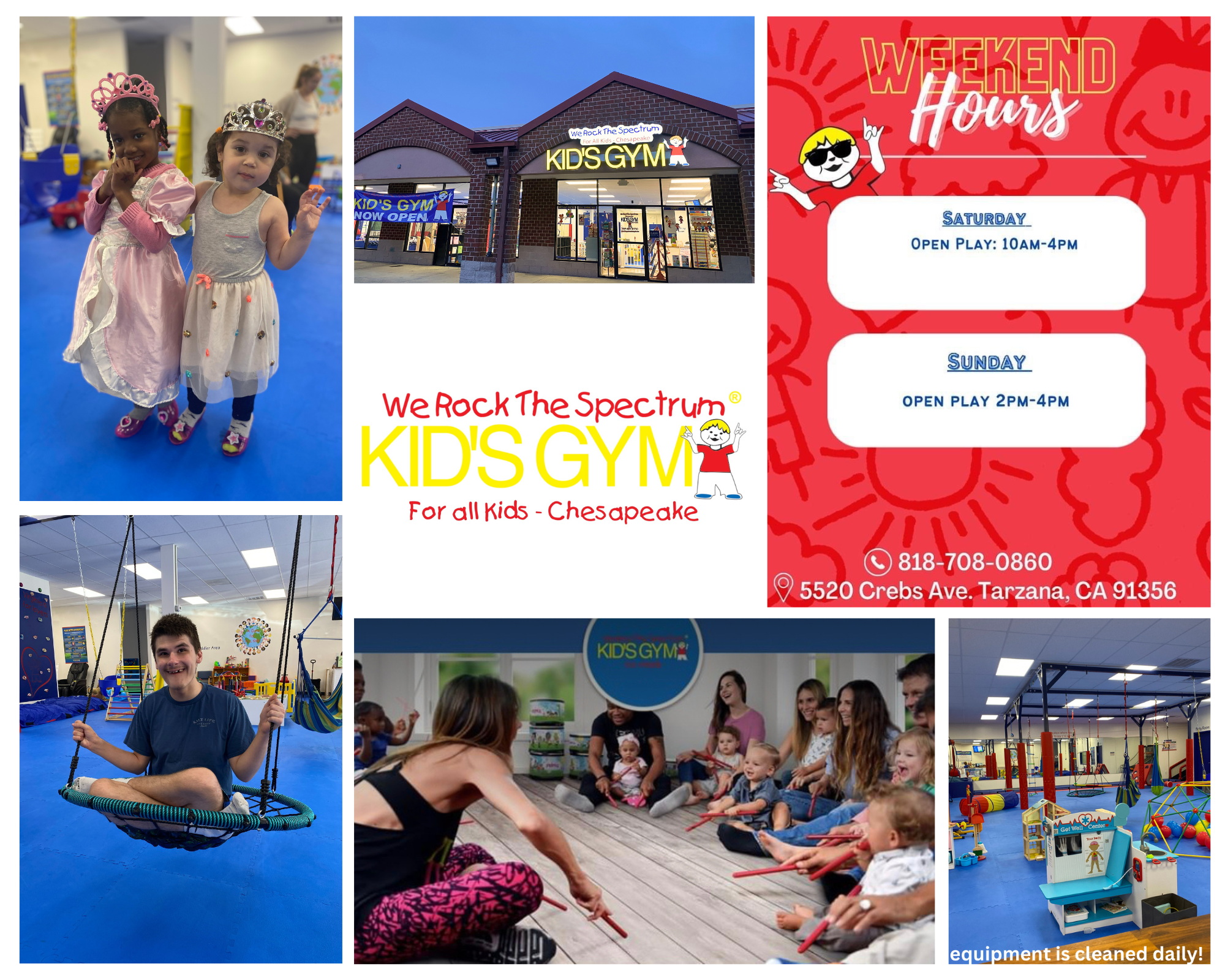 A collage of images showing activities, times, and kids playing at We Rock the Spectrum in Chesapeake, VA.