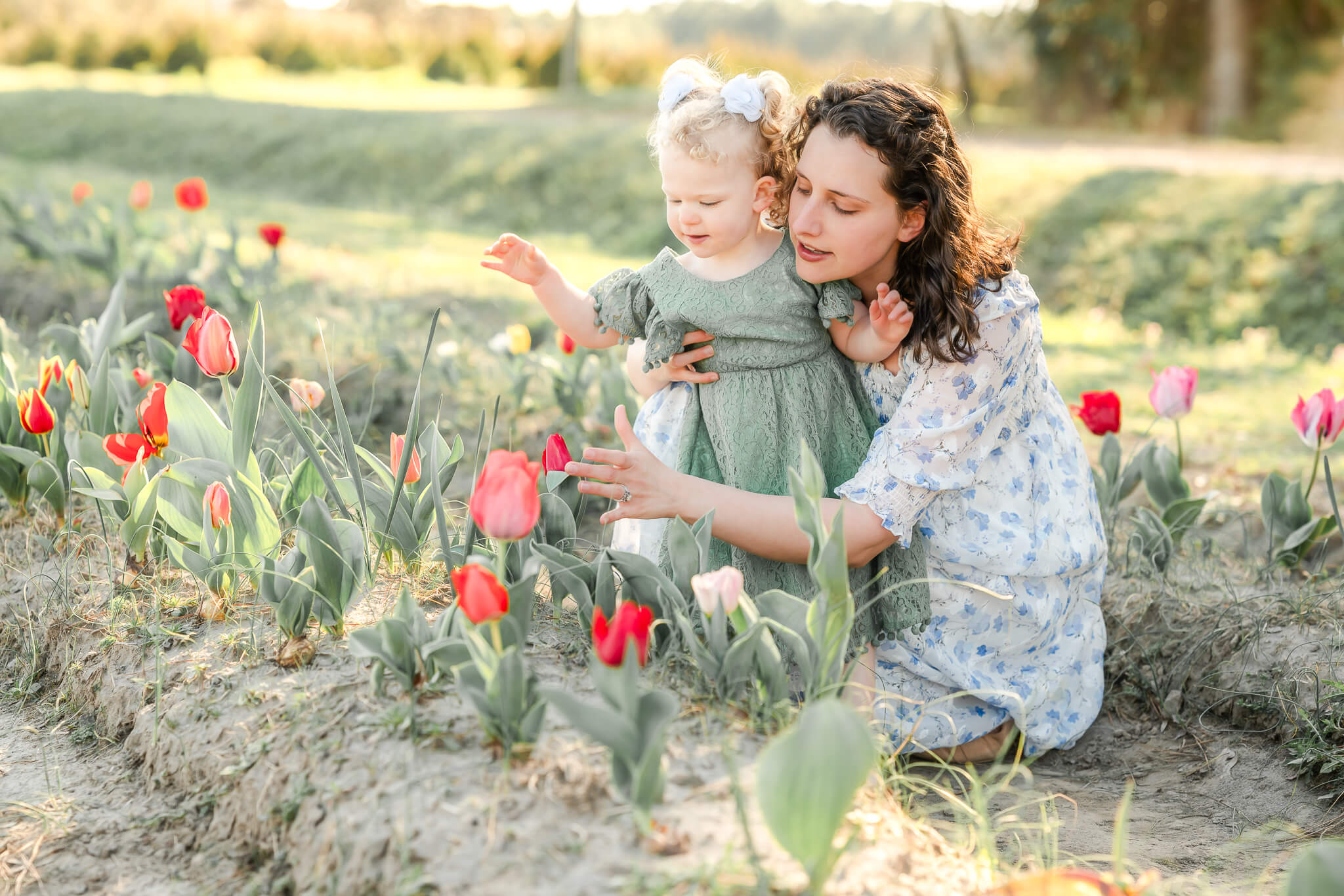 A woman wearing a white dress with blue flowers looks at tulips at Greenbrier Farms with her toddler, who is wearing a green dress.