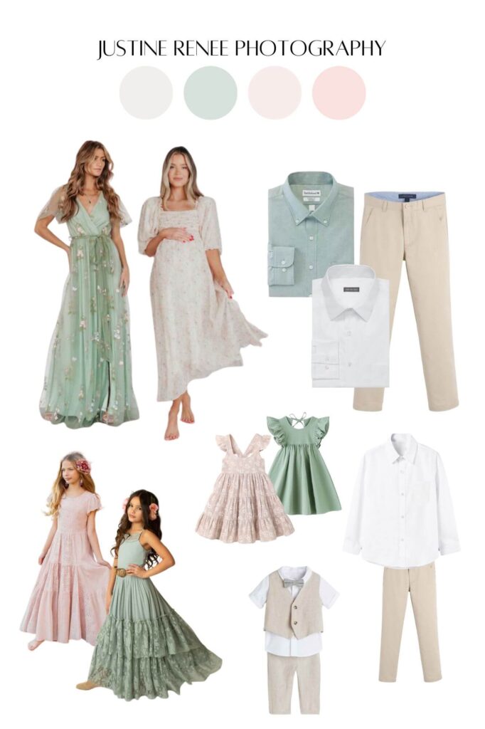 A collage of outfits in mint green, pink, khaki, and white. All are perfect outfits for spring family photos.