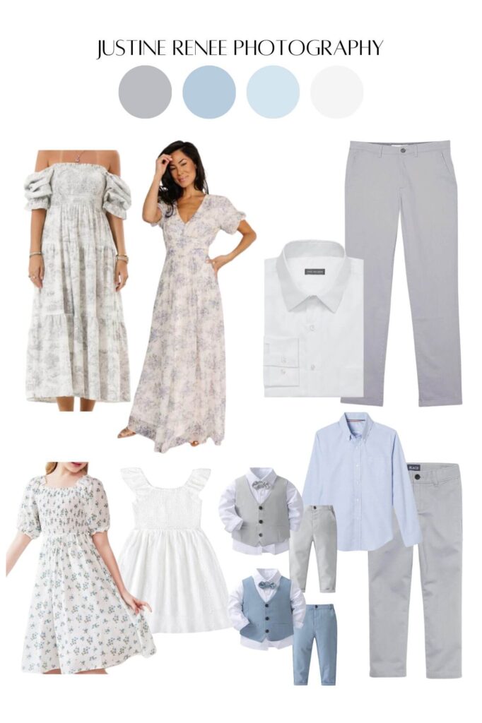 A collage of clothes in blue, white, and gray for a family photo shoot.