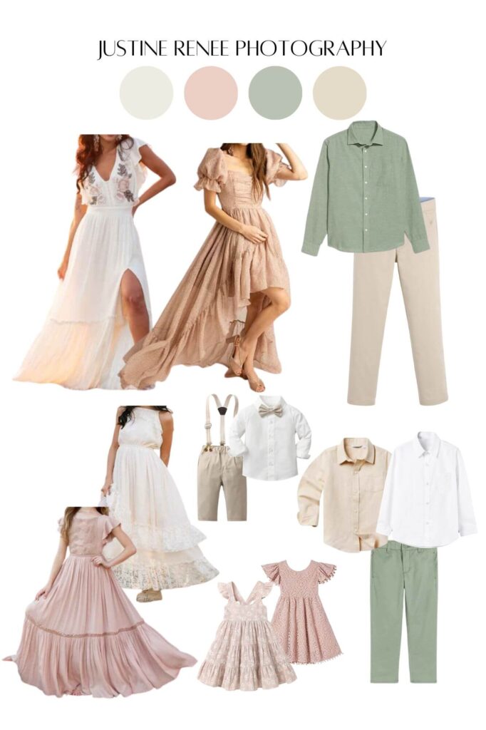 A collage of clothes in sage green, dusty rose, khaki, and white.